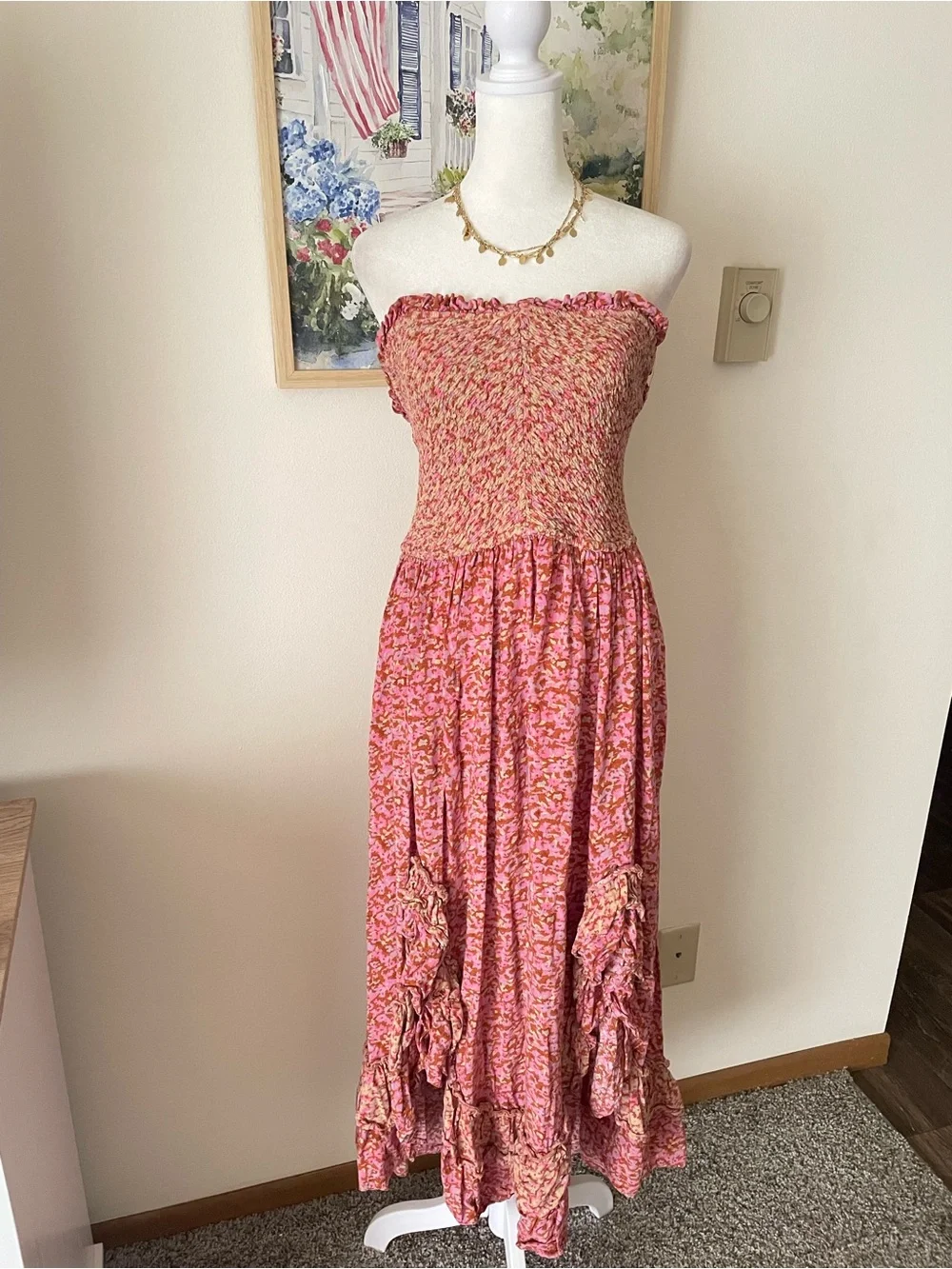 Free People One I Love Dress in Caramel Combo Pink and Tan Maxi Ruffle Hem